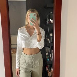 satin white button up crop top